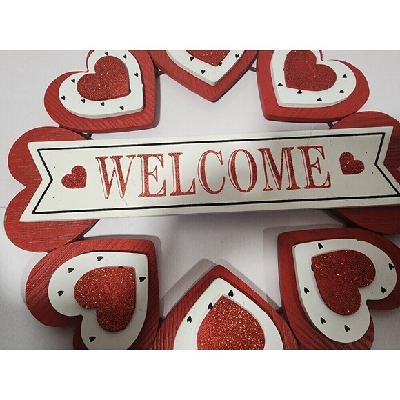 Valentine's Day Heart Wreath Door Hanger Sign Red White Glitter Wooden Welcome - Picture 7 of 9